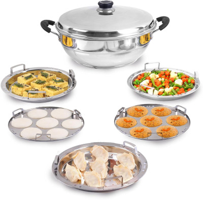The Indus Valley Stainless steel Idli/Dhokla/Momo Maker/Multi Pot/Veg Steaming Set|5 Plates Multi Pot 29 cm diameter 4.2 L capacity with Lid(Stainless Steel, Induction Bottom)