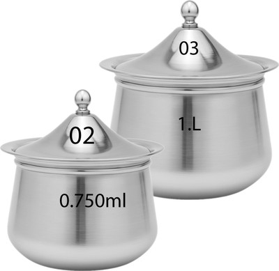 Red Robin Silver Touch Stainless Steel Container Set 02-03 (750ml & 1L) Handi 1 L with Lid(Stainless Steel, Induction Bottom)