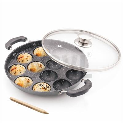 NSVL Heavy-BASE Non-Stick 12 Cavity Appam Patra with Glass Lid | Appam Maker Appachatty with Lid 1 L capacity 24 cm diameter(Aluminium, Non-stick)