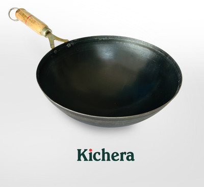 Kichera Kichera 11 Inch Pre-Seasoned Pure Iron Wok with Wooden Handle 3.5 L capacity Wok 1 L capacity 29 cm diameter(Iron, Non-stick)