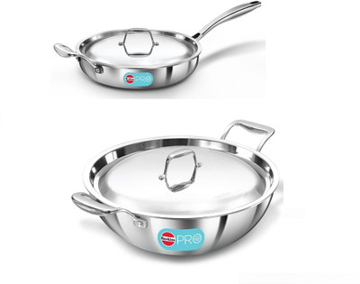 Hawkins Pro Tri-ply SS Fry Pan, Deep Kadhai with SS Handle SS Lid (PSF26S,PSK60S) Kadhai 29 cm, 34 cm diameter with Lid 2.6 L, 6 L capacity(Triply, Induction Bottom)