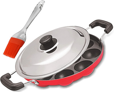 KDZONE Non-Stick Heavy Duty 12 Cavity Appam Patra Paniarakkal with Lid 1 L capacity 24 cm diameter(Aluminium, Non-stick, Induction Bottom)