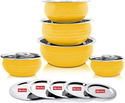 Nirvika Pack of 5 Stainless Steel handi set with lid powder Coating Yellow 5 piece of serving bowl Cookware Dinner Set(Yellow, Microwave Safe)