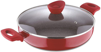 BERGNER Bellini Plus Press Non Stick Red Deep Induction Bottom Fry Pan 24 cm diameter with Lid 2.4 L capacity(Aluminium, Non-stick, Induction Bottom)