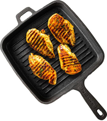 The Indus Valley Pre-Seasoned Cast Iron Grill Pan with Long Handle - 9.8 inch Grill Pan 25 cm diameter 1.5 L capacity(Cast Iron)