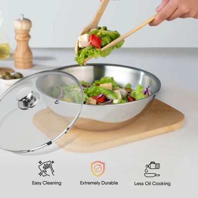 REAL KITCHEN Induction Base Stainless Steel Triply Basic Food Cooking, Serving Kitchen Tasla with Lid 3.7 L capacity 28 cm diameter(Stainless Steel, Induction Bottom)