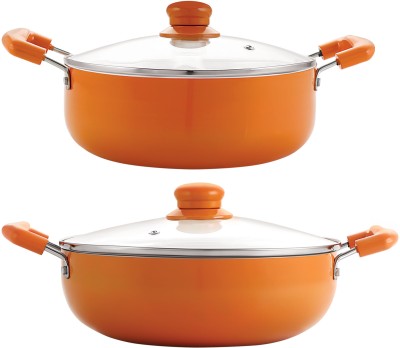 NIRLON Ceramic 2-Piece Induction Base Cookware Kadai & Casserole Set with lid Kadhai 24 cm diameter with Lid 2.1 L capacity(Aluminium, Non-stick, Induction Bottom)