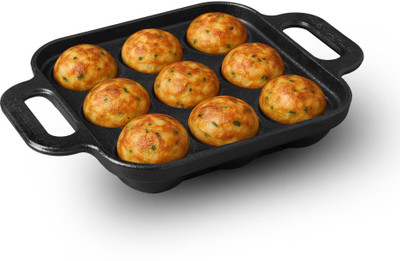 The Indus Valley Pre-Seasoned Cast Iron Square Paniyaram Pan with 9Pit - 7inch Appachatty 0 L capacity 17.9 cm diameter(Cast Iron, Induction Bottom)