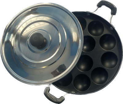 Tisha Tishla Gold Non stick Appam Maker 12 Ball with Lid Non-Stick Coated Cookware Set NA Pan 30 cm diameter with Lid 0.5 L capacity(Aluminium, Non-stick)