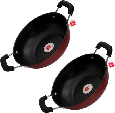 LAZYwindow Premium Quality Nonstick Pack of 2 Kadhai 21 cm diameter 1.25 L capacity(Hard Anodised, Non-stick, Induction Bottom)