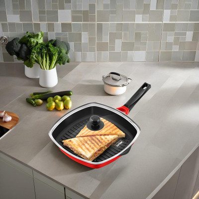 Hawkins Die-Cast Glass (DCGP30G) Grill Pan 30 cm diameter with Lid 3 L capacity(Aluminium, Non-stick)
