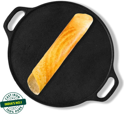 The Indus Valley Pre-seasoned Cast Iron Tawa for Dosa/Chapathi with Double Handle - 11.8 inch Tawa 30.2 cm diameter(Cast Iron, Induction Bottom)