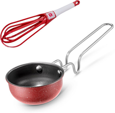 LAZYwindow Nonstick Tadka Pan & Foldable Plastic Whisker Beater Hand Blender Mixer Induction Bottom Non-Stick Coated Cookware Set(Hard Anodised, 2 - Piece)