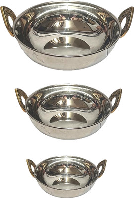 Dynore 3 Pcs Mirror Finish Heavy Gauge Serving Kadai Set with brass handle Kadhai 12.5 cm, 14 cm, 17 cm diameter 0.3 L, 0.5 L, 0.8 L capacity(Stainless Steel)