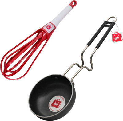 LAZYwindow Iron Tadka Pan and Foldable Plastic Whisker Hand Blender Mixer Tadka Pan 12 cm diameter 0.5 L capacity(Cast Iron, Non-stick, Induction Bottom)