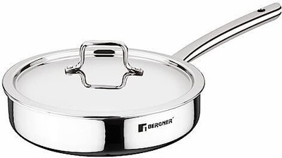 BERGNER Triply Stainless Steel Sautepan | Less Oil Use | Induction Bottom Saute Pan 26 cm diameter with Lid 2.6 L capacity(Triply, Induction Bottom)