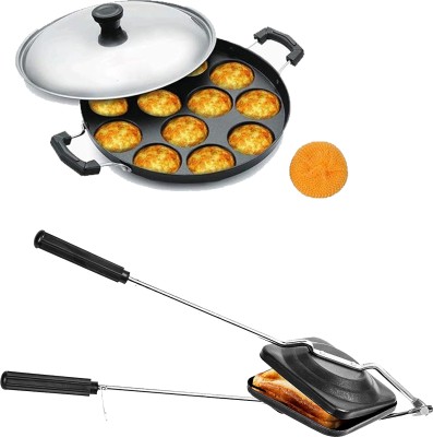 NARV Sandwich Gas Toaster Regular & 12 Cavity Appam Patra with Stainless Steel Lid K2 Appachatty Set with Lid 0 L capacity 21 cm diameter(Aluminium, Non-stick)