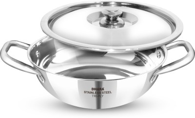 Dhara Stainless Steel Gas And Induction Base Triply Kadhai 18 cm diameter with Lid 1 L capacity(Stainless Steel, Induction Bottom)