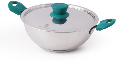 The Indus Valley Stainless Steel 3-layer Bottom Kadai with Green Bakelite Handle - Small 8.9 inch Kadhai 22.6 cm diameter with Lid 2.1 L capacity(Stainless Steel, Induction Bottom)