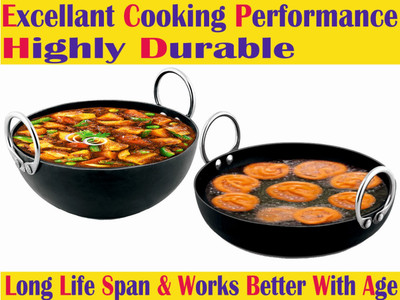 VeerEnterprises MS Pure Iron/Loha Combo Set of Kadai and Flat Kadai no 10 Kadhai 25 cm diameter 2 L, 1.5 L capacity(Iron)