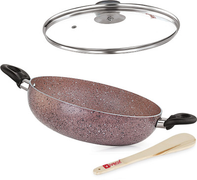 iVBOX koca Pro red 3mm-Thick Non Stick 260mm induction Base Kadhai 24 cm diameter with Lid 3.5 L capacity(Aluminium, Non-stick, Induction Bottom)