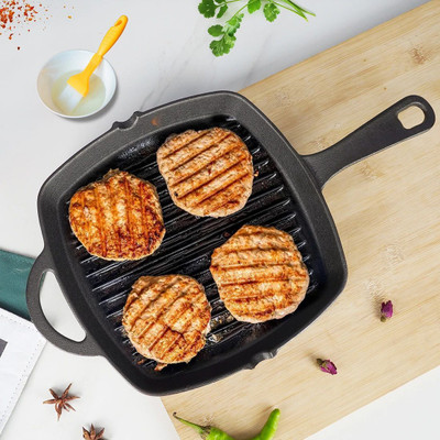 Solara Crownstone Premium Cast Iron Grill Pan with Long Handle, 10 Inch/24 Cm, Fry Pan 24 cm diameter 1.5 L capacity(Cast Iron, Induction Bottom)