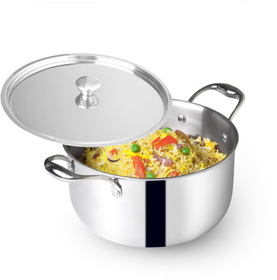 The Indus Valley Triply Stainless Steel Tall Biriyani pot/ Stock pot with SS Lid- 9.44 inch Pot 24 cm diameter 5.5 L capacity with Lid(Triply, Induction Bottom)