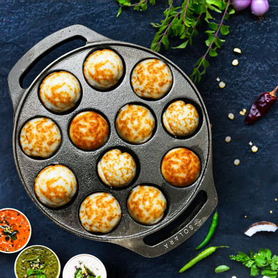 Solara Cast Iron Paniyaram (12 Cavities) 8''Inch Chetty Pan 20 cm diameter 1 L capacity(Cast Iron, Induction Bottom)