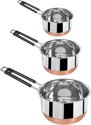SINGH STEEL Stainless Steel Saucepan Tope Set | 3 Pcs | Induction & Gas Compatible Tope Set 0.75 L, 1 L, 1.5 L capacity 8 cm diameter(Stainless Steel, Non-stick, Induction Bottom)