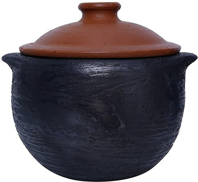 Frills & Colours Earthen Cookware/Clay Handi/ Pot for Cooking - Organic/ Seasoned Black Handi 3.5 L with Lid(Earthenware)