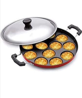 MILICRYSTAL Non-Stick 12 Cavity Appam Patra with Lid Fry Pan 22 cm diameter 1 L capacity(Stainless Steel, Non-stick, Induction Bottom)