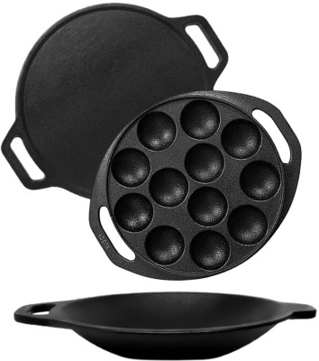 EUGOR Cast Iron Pre Seasoned (Dosa Tawa + Paddu Maker + Appam Pan) Pancake Pan 30.48 cm, 20.32 cm, 22.86 cm diameter 1 L capacity(Cast Iron, Induction Bottom)