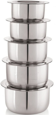 Nirvika Stainless Steel 5 Pcs Container Set/Tope/tapeli/patila Cookware Set with lid Pot 20 cm diameter 0.425 L, 0.55 L, 0.85 L, 1.25 L, 1.5 L capacity with Lid(Stainless Steel)