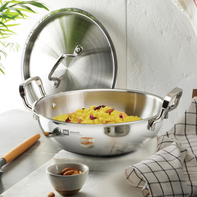 BERGNER BE Essentials Tripro Kadhai 24 cm diameter with Lid 3.1 L capacity(Steel, Induction Bottom)