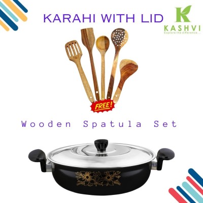 Kashvi Kadahi/Kadai/karahi with Stainless Steel Lid + 5Pcs Wooden Spoons Kadhai 26 cm diameter with Lid 3.5 L capacity(Cast Iron, Non-stick, Induction Bottom)