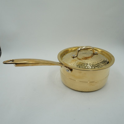 Maanvii Metal Crafts Brass Saucepan with Tin Lining | Pital Pot With Lid & Handle | Sauce Pan 19 cm diameter with Lid 2.5 L capacity(Brass, Non-stick)