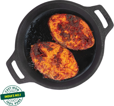 The Indus Valley Pre-Seasoned Cast Iron Fish Fry Pan with Double Handle - 9.8 inch Fry Pan 25 cm diameter 0 L capacity(Cast Iron, Induction Bottom)