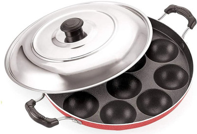 Swarambh Fine Non-Stick 12 Appam Patra Ponganal Maker Paniarakkal Pan Litti Maker Paniarakkal with Lid -8 L capacity 15 cm diameter(Aluminium, Non-stick)