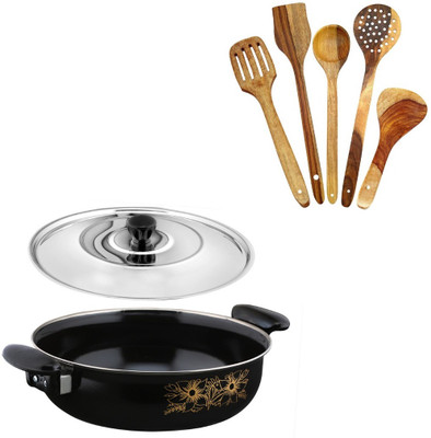 Cook Pro Cookpro |Black kadai/kadhai/karahi with lid and 5pcs multipurpose spatula set Kadhai 26 cm diameter with Lid 3.5 L capacity(Cast Iron, Non-stick, Induction Bottom)
