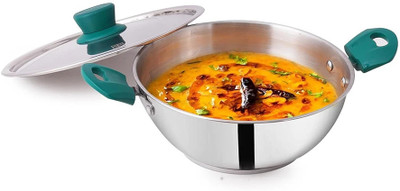 The Indus Valley Stainless Steel 3-layer Bottom Kadai with Bakelite Handle - Very Small 8.1 inch Kadhai 20.7 cm diameter with Lid 1.6 L capacity(Stainless Steel, Induction Bottom)