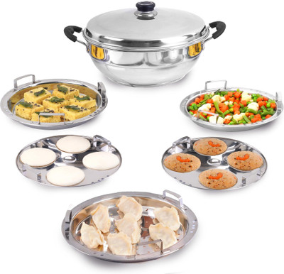 The Indus Valley Stainless Steel Idli/Dhokla/Momo Maker/Multi Pot/Steaming Set|5 Plates - 9 inch Pot 23 cm diameter 3 L capacity with Lid(Stainless Steel, Induction Bottom)