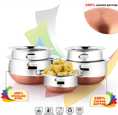 VIGSHRISE Copper Bottom Cooking & Serving Biryani/Punjabi/ Pot Handi mirror finish ] Induction Bottom Cookware Set(Stainless Steel, 5 - Piece)
