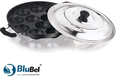 Blu Bel Premium Spetter Finish 12 Cavity Appam/Appe Maker with Stainless Steel Lid Paniarakkal with Lid 0.5 L capacity 24 cm diameter(Aluminium, Non-stick)