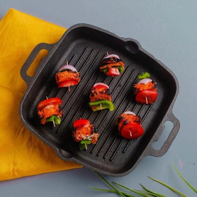 The Indus Valley Pre-Seasoned Cast Iron Grill Pan with Double Handle - 10.5 inch Grill Pan 26.7 cm diameter 1.8 L capacity(Cast Iron, Induction Bottom)