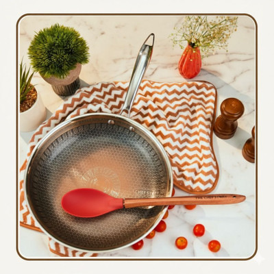 The Chef Story Mycera Series Ceramic Fry pan with Free Wood Silicon Spoon + Fry Pan 24 cm diameter with Lid 1 L capacity(Stainless Steel, Non-stick, Induction Bottom)