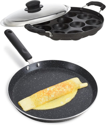 Swarambh Nonstick Dosa Tawa and Appe Pan Combo for Gas Stove Paniarakkal Set with Lid 0.5 L capacity 22.5 cm diameter(Aluminium, Non-stick)
