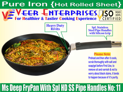 VeerEnterprises Ms Pure Iron/Loha Black Deep Kadhai/Wok With Silicon Gripped SS Pipe Handle Wok 2.5 L capacity 27.5 cm diameter(Iron)