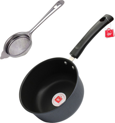 LAZYwindow Tea Strainer (Chai Chalni) and Nonstick Sauce Pan 16 cm diameter 1.5 L capacity(Hard Anodised, Non-stick, Induction Bottom)