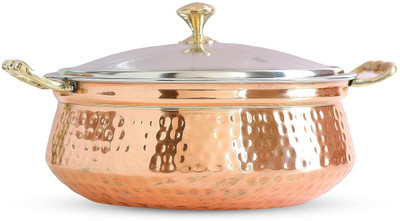Heritage Mart Copper Steel Hammered Handi / Casserole with Glass Lid and Brass Knob Handi 0.3 L with Lid(Copper, Brass, Stainless Steel, Non-stick)