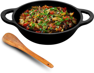 Lifelong Pre-Seasoned Kadai with Wooden Spatula, Naturally Non Stick Wok 3.3 L capacity 24 cm diameter(Cast Iron, Non-stick, Induction Bottom)